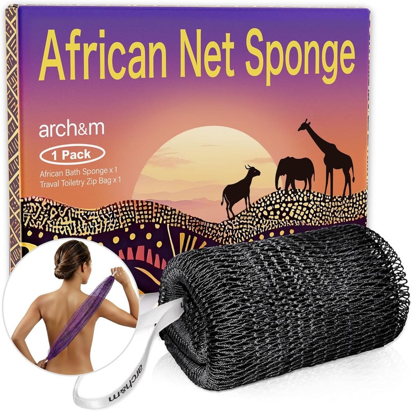 ARCH&M African Exfoliating Net Sponge Afroscrub - Authentic African Net Sponge with Knots Exfoliating Wash Cloths for Body Scrubber Back Scrub Exfoliator for Shower Bath Black by - Image 1